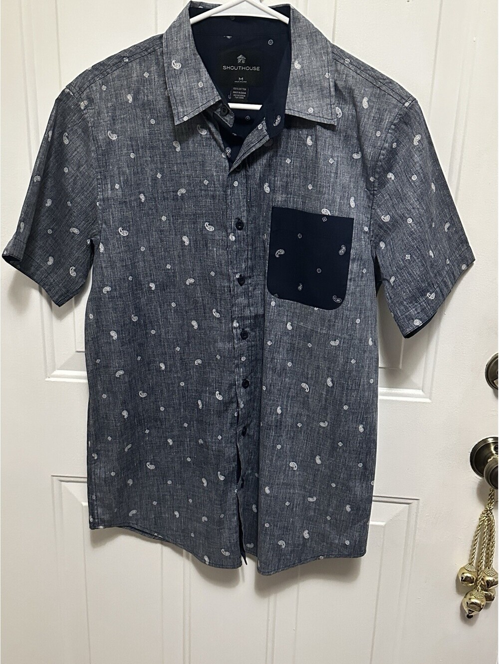 ShoutHouse Button-Up Youth Boy's Bandana Paisley Blue Short Sleeve Shirt Size M